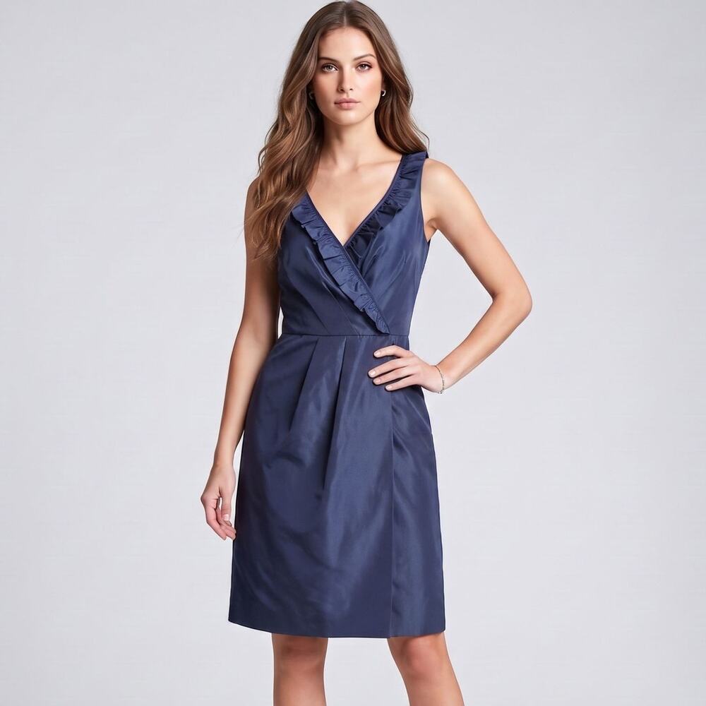 J. Crew Blakely Silk Taffeta Ruffle Faux Wrap Cocktail Dress Blue Womens Size 10
